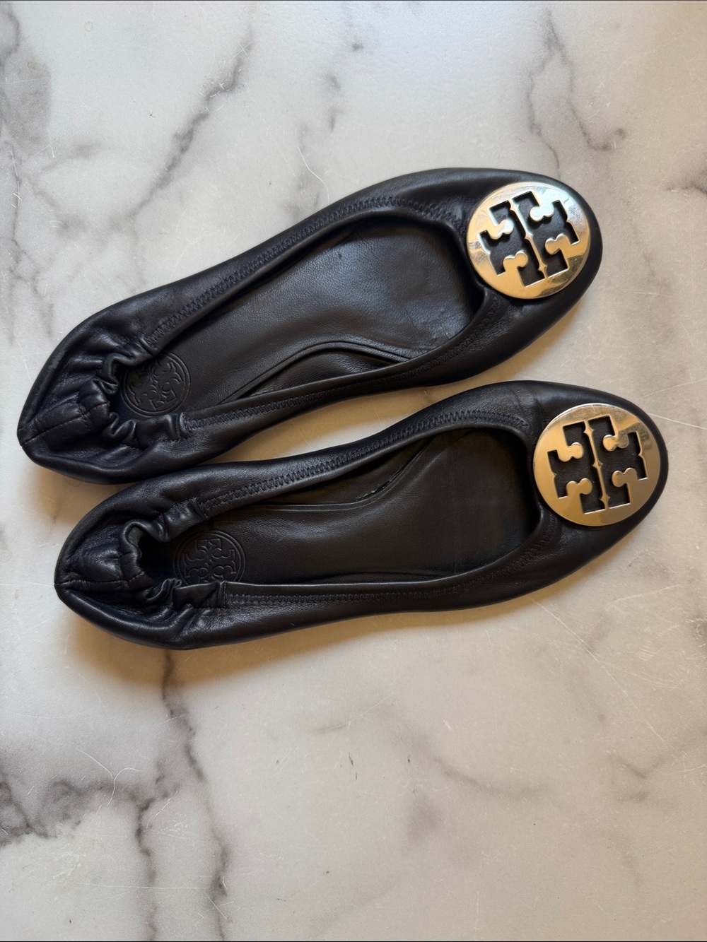 Tory Burch navy Leather Logo Ballet Flats with silver Medallion